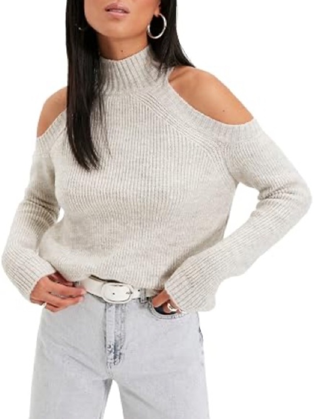 LE LIS Light Gray Cold-Shoulder Thick Ribbed Mock Neck Sweater SMALL